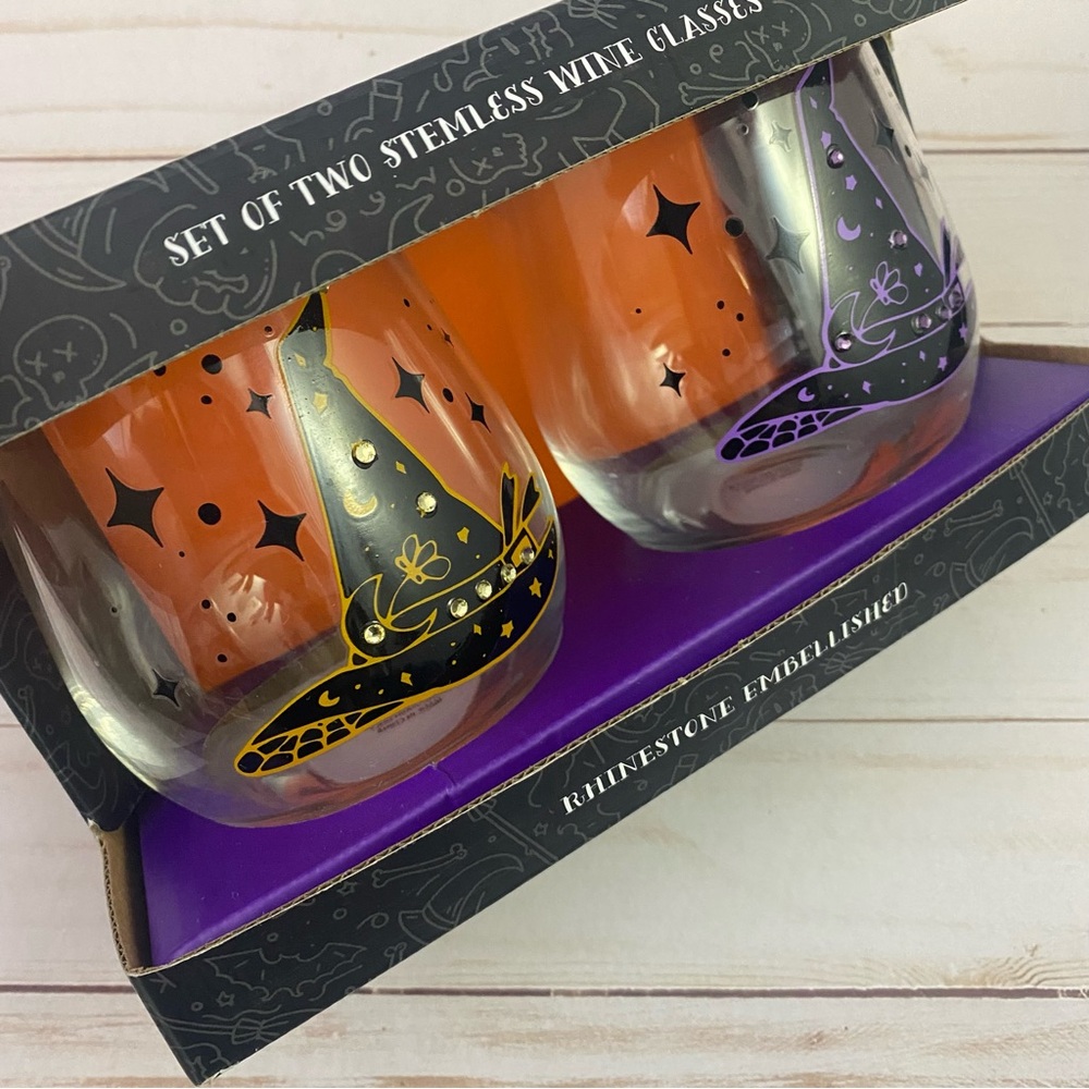 Cobwebs & Cauldrons Stemless Wine Glasses Witch Hats Rhinestone Set Of 2